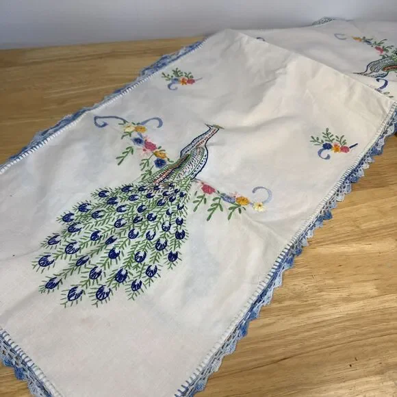 VTG Embroidered White Dresser Scarf Table Peacock Bird Flowers 39x14 Set Of 4 - Picture 15 of 16